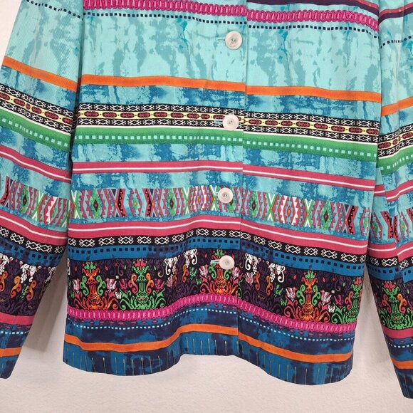 Coldwater Creek Multicolor Jacket Sz L Cotton Artsy Art-to-Wear Boho Aztec - Picture 4 of 13
